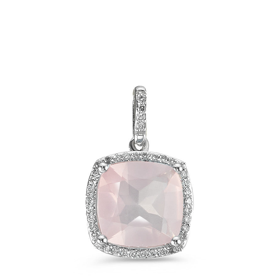 Pendant 18k White Gold Rose Quartz Rose, Diamond White, 0.12 ct, 40 Stones, w-si Ø11 mm