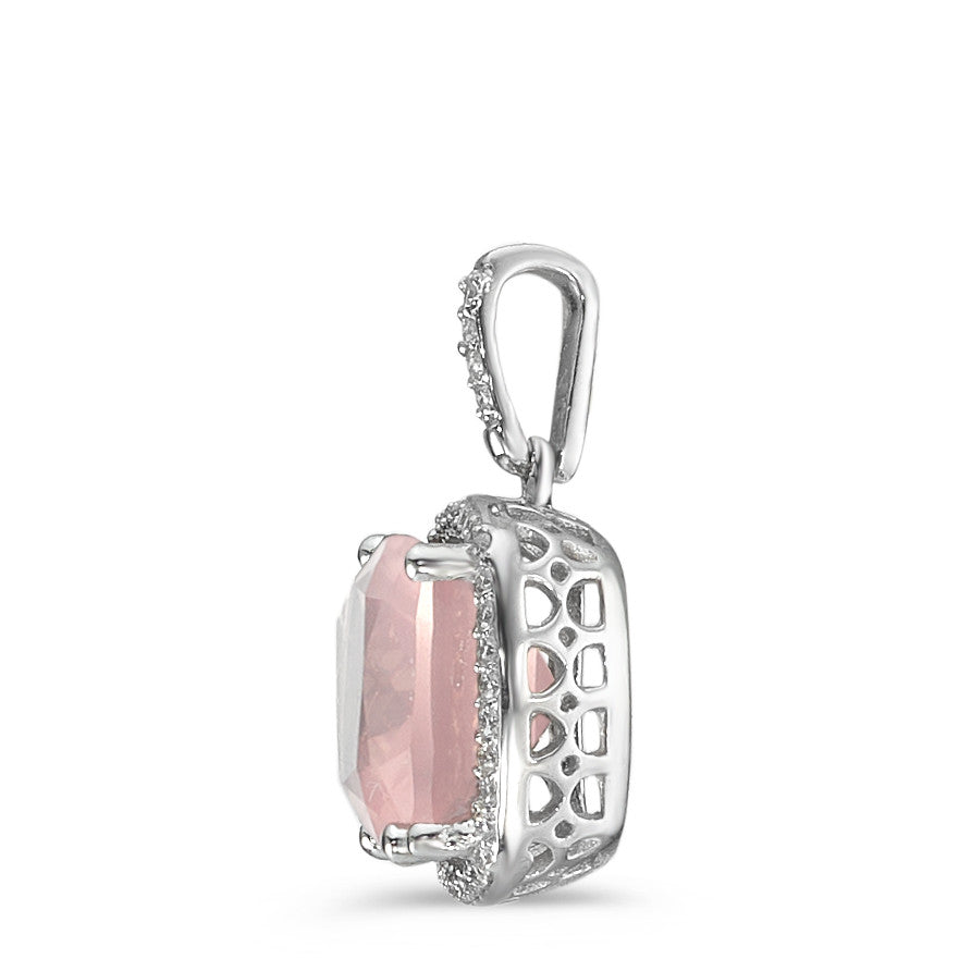 Pendant 18k White Gold Rose Quartz Rose, Diamond White, 0.12 ct, 40 Stones, w-si Ø11 mm