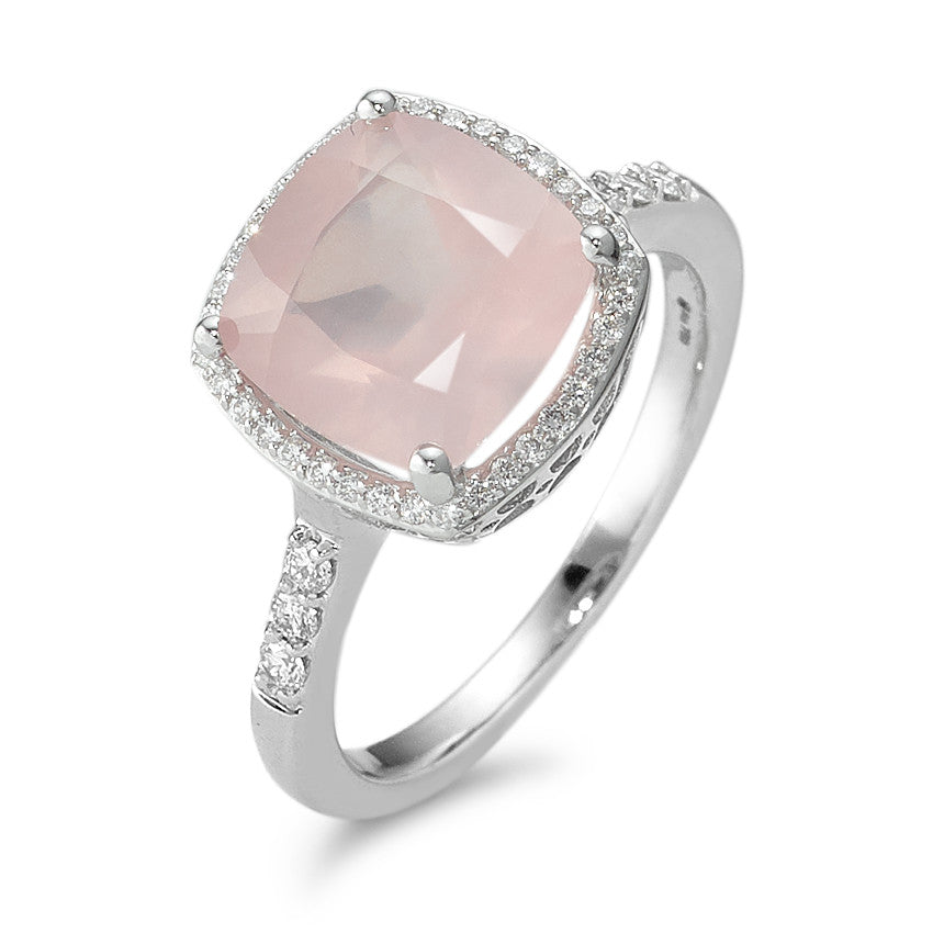 Ring 18k White Gold Rose Quartz Rose, Diamond White, 0.20 ct, 40 Stones, w-si Ø11 mm