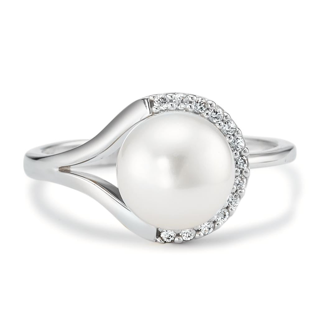 Ring 18k White Gold Zirconia 13 Stones Freshwater pearl