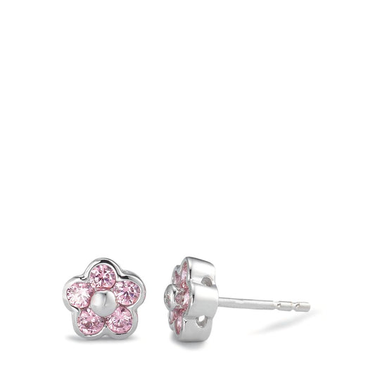 Stud earrings 18k White Gold Zirconia Rose, 10 Stones Flower Ø7 mm