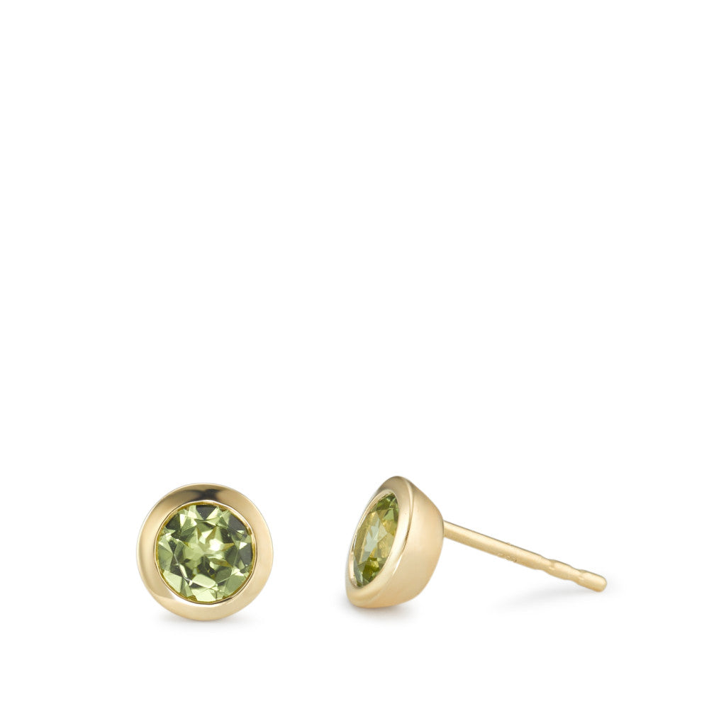 Stud earrings 18k Yellow Gold Peridot 2 Stones Ø6.5 mm