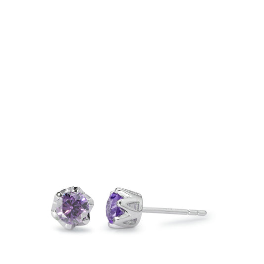 Stud earrings Silver Zirconia Violet, 2 Stones Rhodium plated Ø6 mm