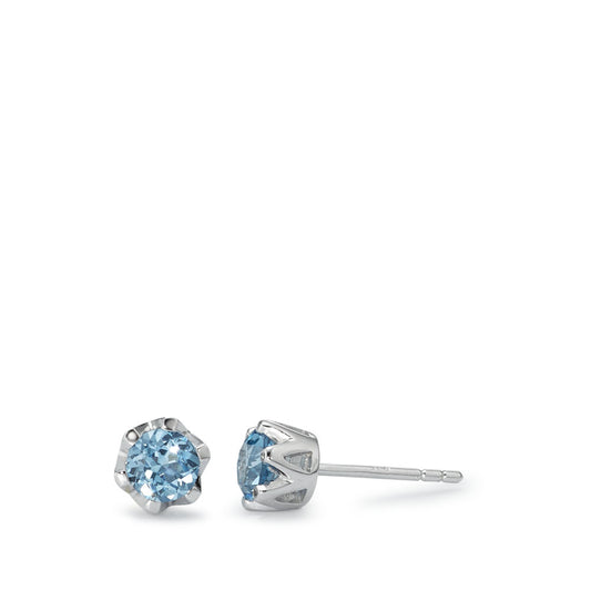 Stud earrings Silver Synthetic Aquamarine Aqua, 2 Stones Rhodium plated Ø6 mm