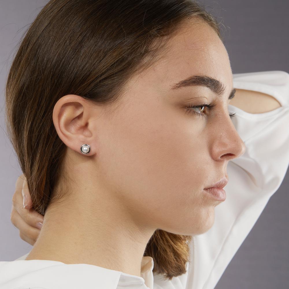 Stud earrings Silver Chalcedony Light Blue, 2 Stones Rhodium plated Ø10.5 mm