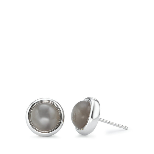 Stud earrings Silver Moonstone Gray, 2 Stones Rhodium plated Ø10.5 mm