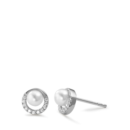 Stud earrings Silver Zirconia 20 Stones Rhodium plated Freshwater pearl Ø7.5 mm