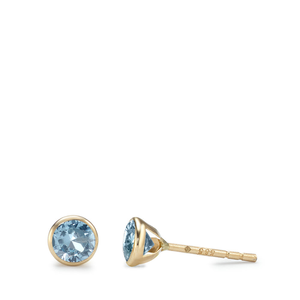 Stud earrings 14k Yellow Gold Zirconia Aqua, 2 Stones Ø4.3 mm