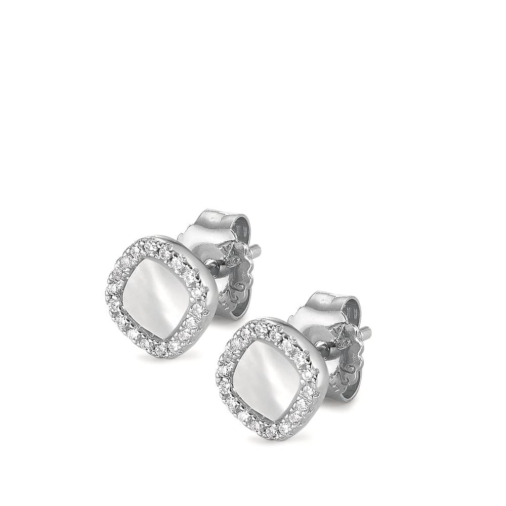 Stud earrings Silver Zirconia Rhodium plated Mother of pearl Ø7 mm