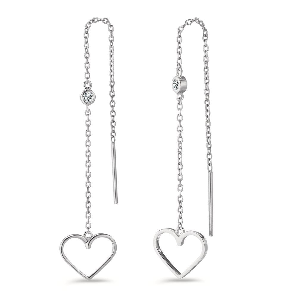 Threader Earrings Silver Zirconia 2 Stones Rhodium plated Heart