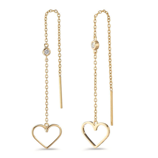 Threader Earrings Silver Zirconia 2 Stones Yellow Gold plated Heart