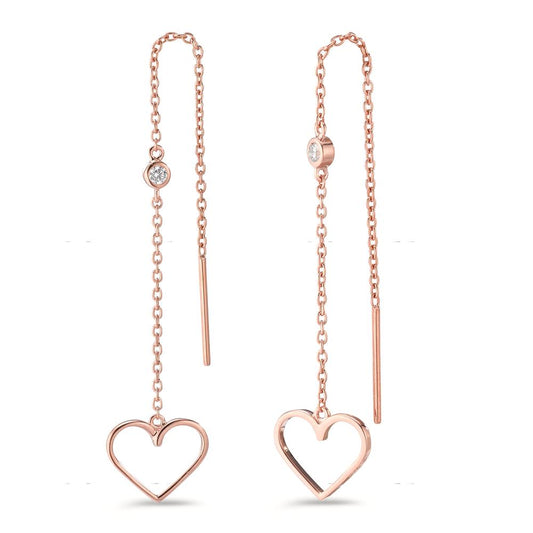 Threader Earrings Silver Zirconia 2 Stones Rose Gold plated Heart