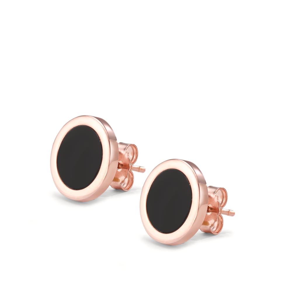 Stud earrings Silver Onyx 2 Stones Rose Gold plated Ø12 mm