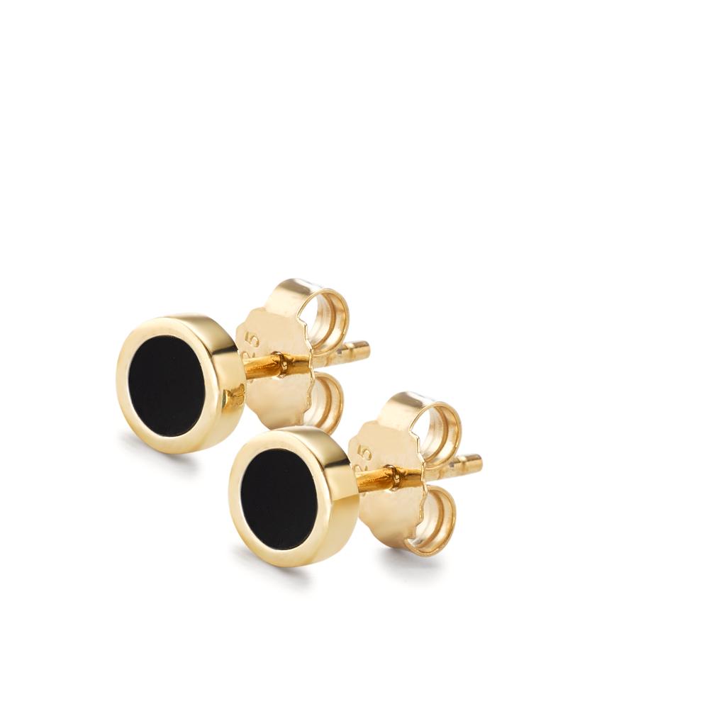 Stud earrings Silver Onyx 2 Stones Yellow Gold plated Ø6 mm