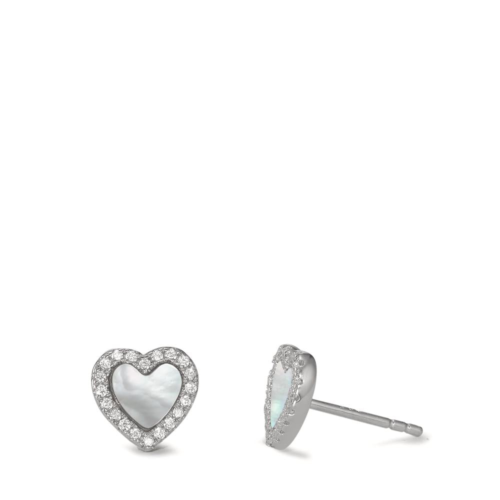 Stud earrings Silver Zirconia Rhodium plated Mother of pearl Heart Ø8 mm