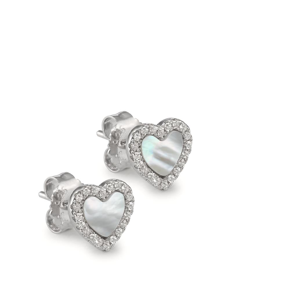 Stud earrings Silver Zirconia Rhodium plated Mother of pearl Heart Ø8 mm