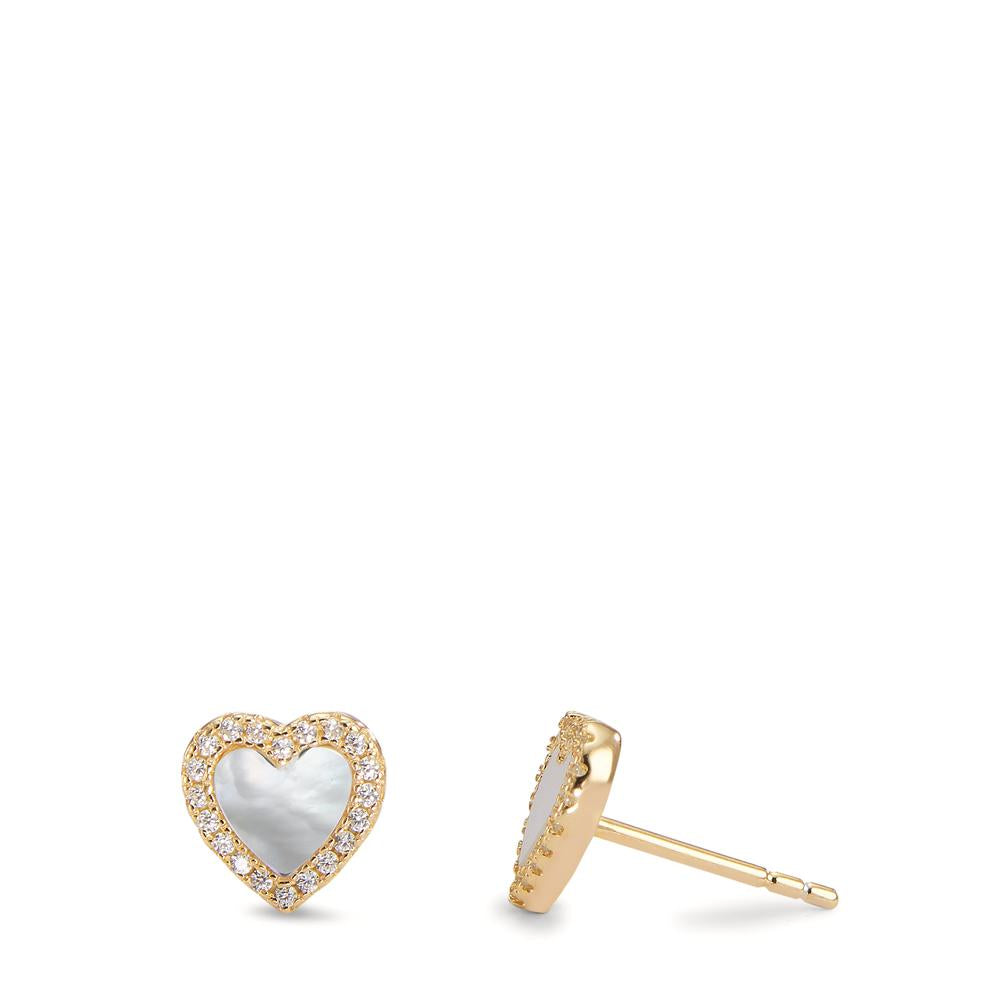 Stud earrings Silver Zirconia Yellow Gold plated Mother of pearl Heart