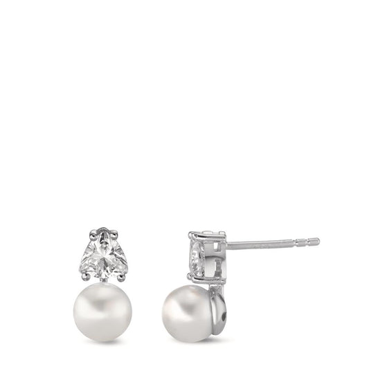 Stud earrings Silver Zirconia 2 Stones Rhodium plated Shining pearls