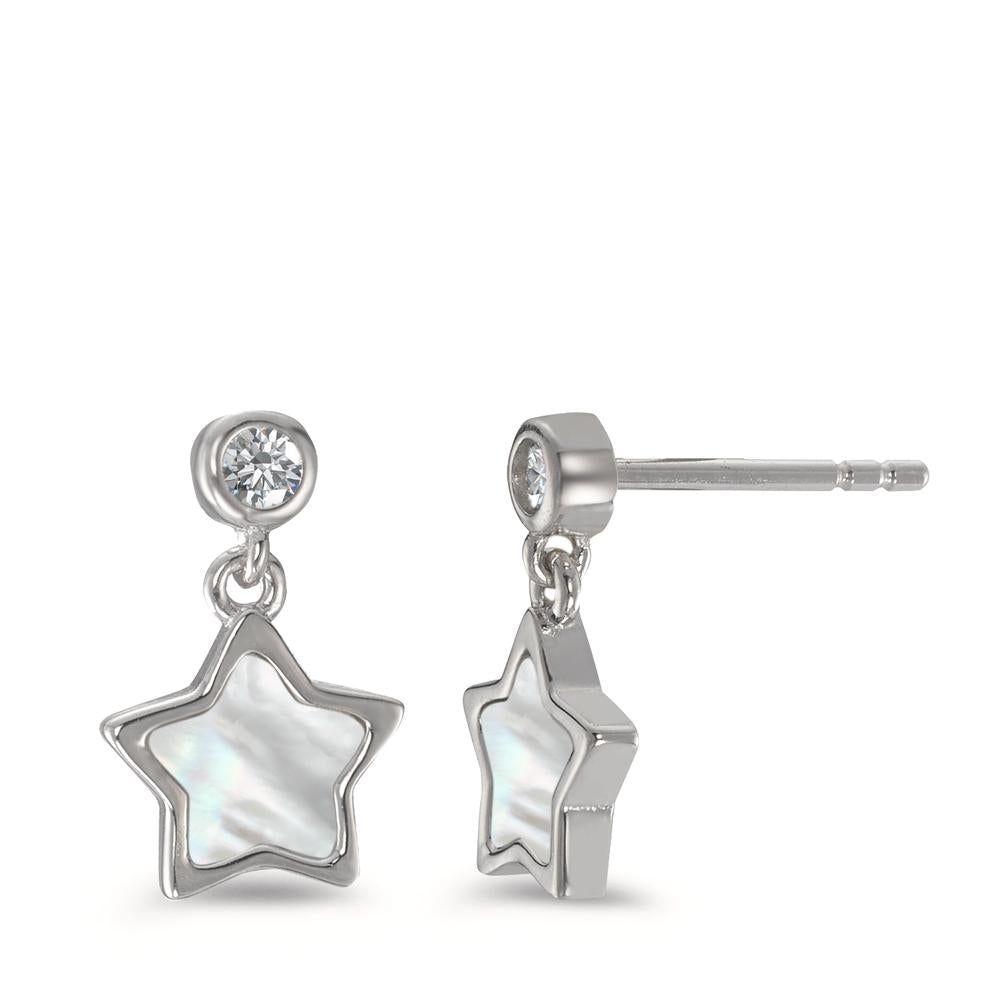 Drop Earrings Silver Zirconia 2 Stones Rhodium plated Mother of pearl Star Ø8 mm