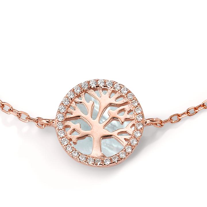 Bracelet Silver Zirconia Rose Gold plated Mother of pearl Tree Of Life 16-19 cm Ø12 mm