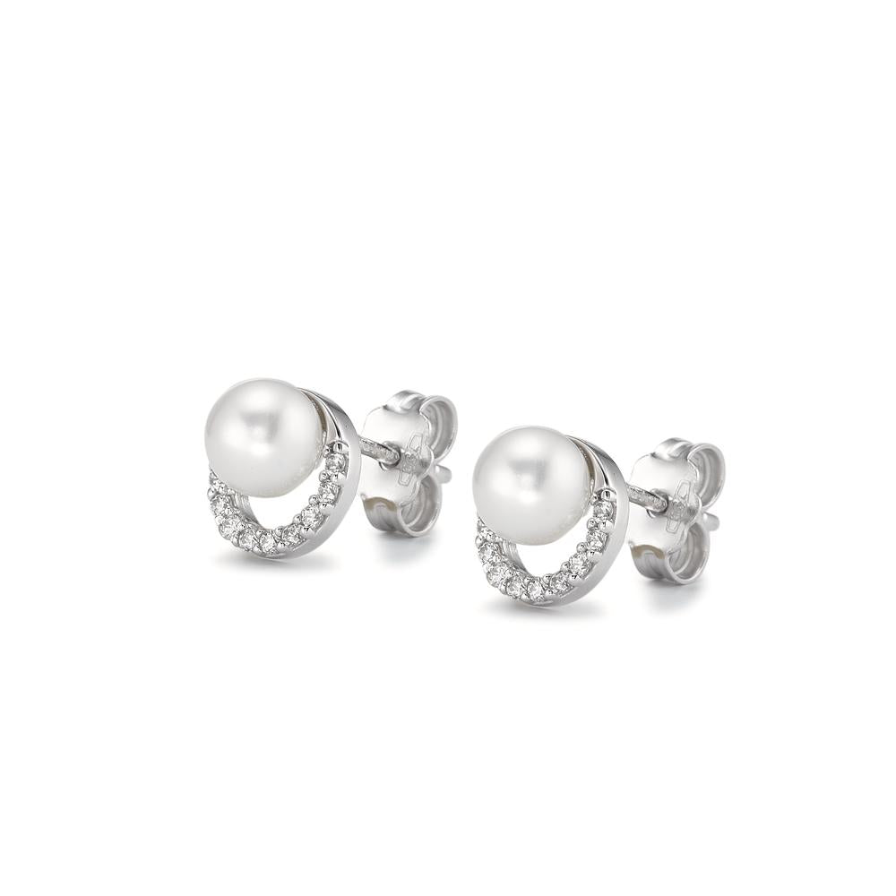 Stud earrings 18k White Gold Zirconia Freshwater pearl Ø7.5 mm