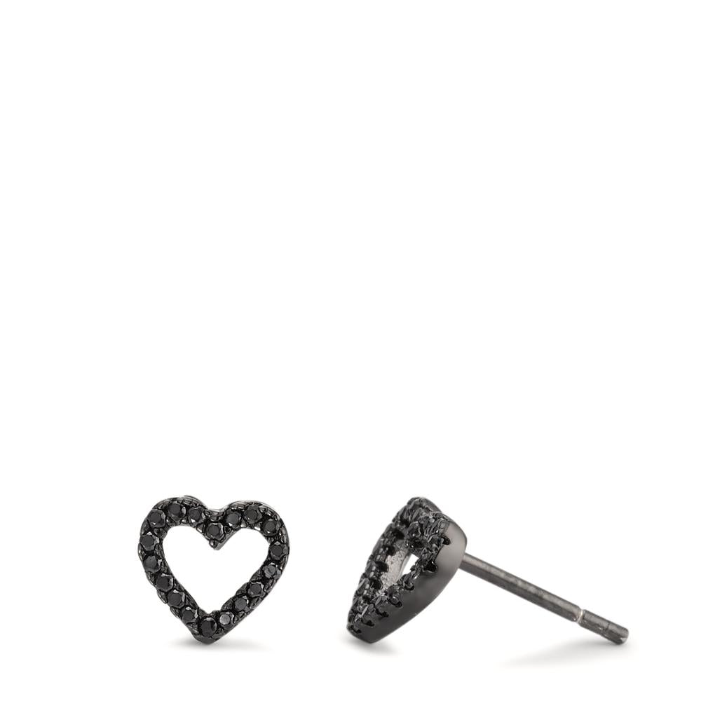 Stud earrings Silver Zirconia Black Rhodium plated Heart Ø7.5 mm