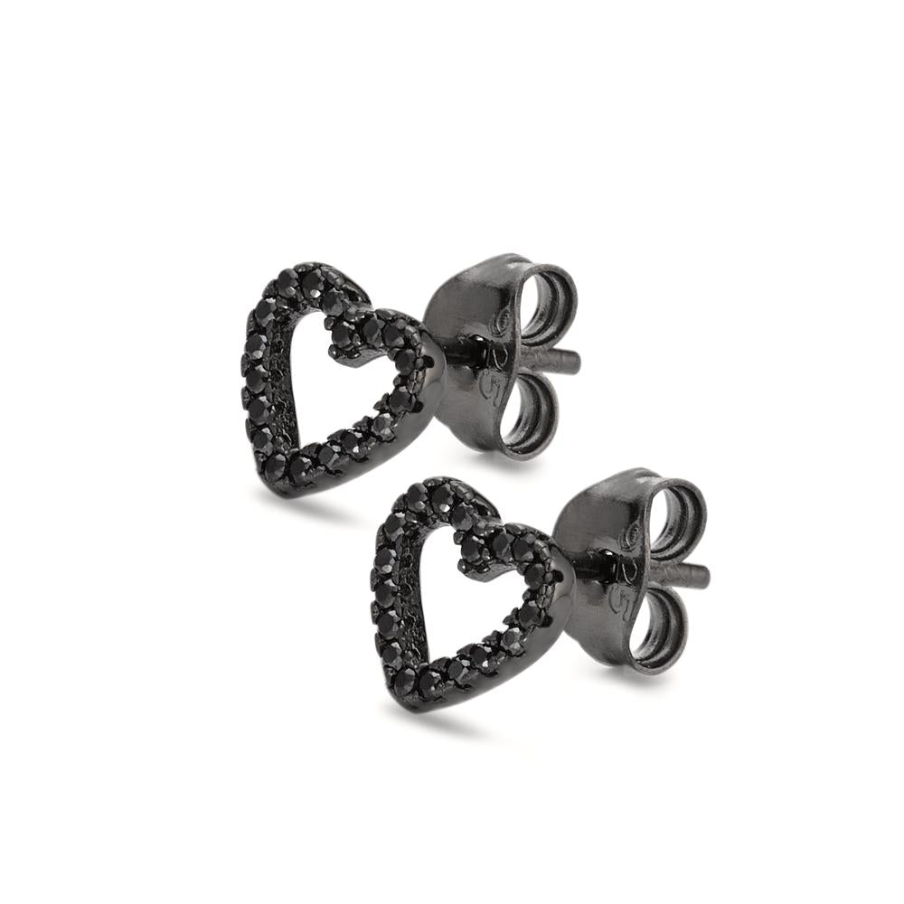 Stud earrings Silver Zirconia Black Rhodium plated Heart Ø7.5 mm