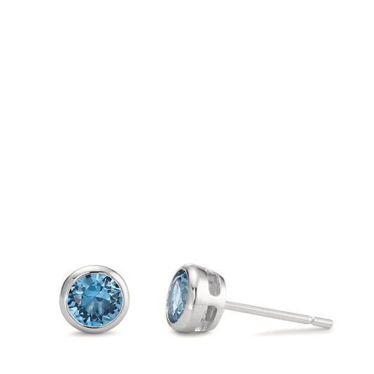 Stud earrings Silver Zirconia Aqua, 2 Stones Rhodium plated Ø6 mm