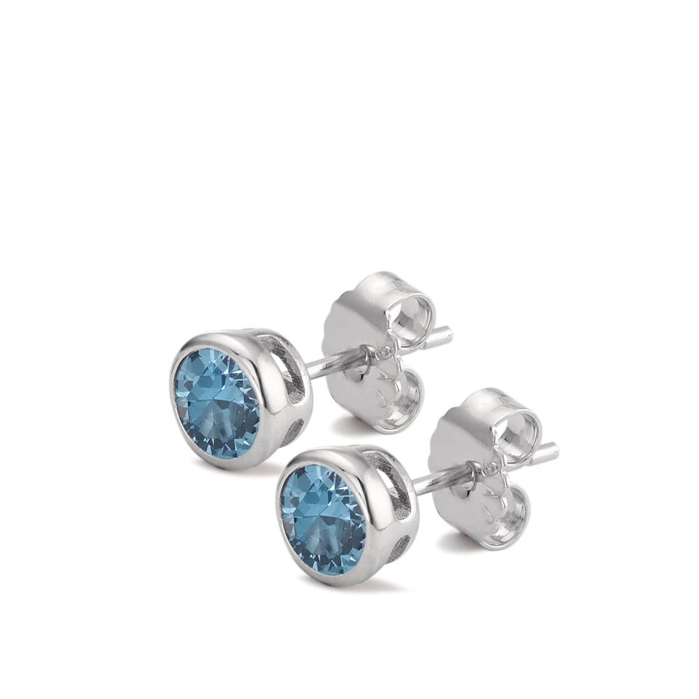 Stud earrings Silver Zirconia Aqua, 2 Stones Rhodium plated Ø6 mm