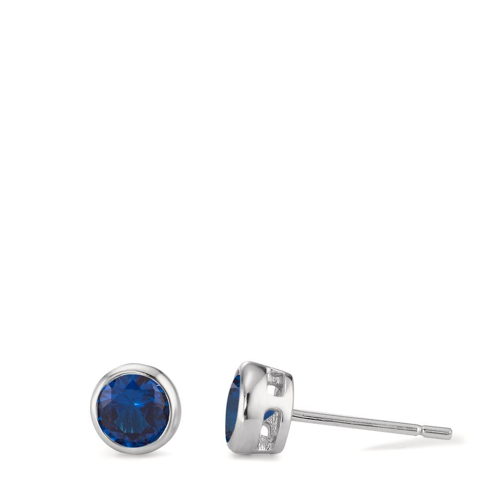 Stud earrings Silver Zirconia Sapphire blue, 2 Stones Rhodium plated Ø6 mm