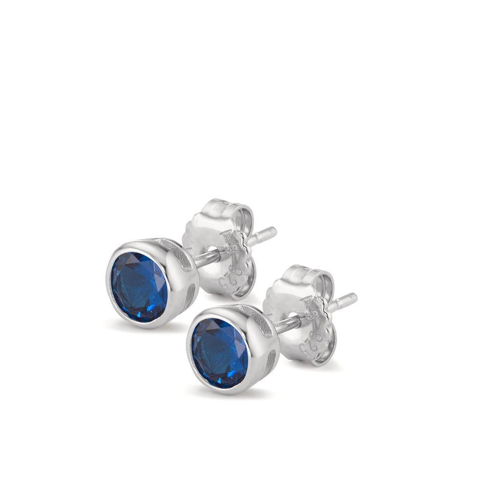 Stud earrings Silver Zirconia Sapphire blue, 2 Stones Rhodium plated Ø6 mm