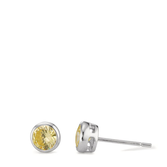 Stud earrings Silver Zirconia Yellow, 2 Stones Rhodium plated Ø6 mm