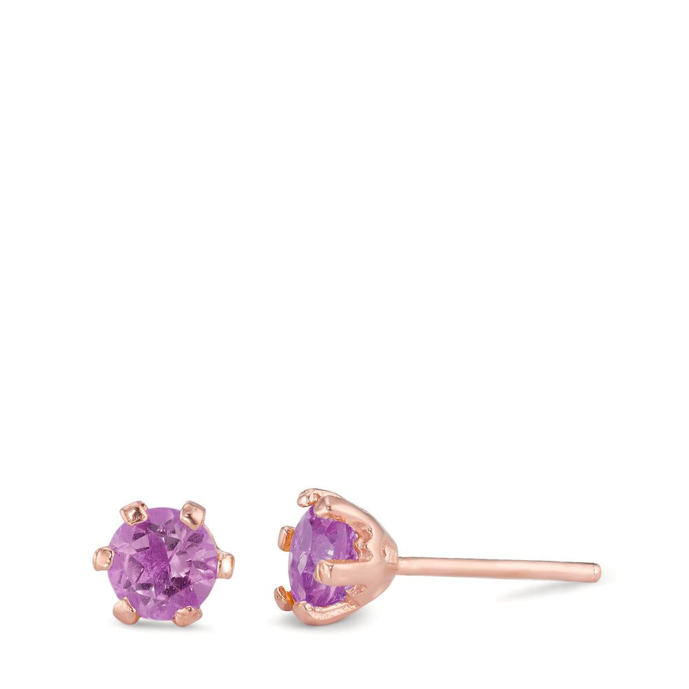 Stud earrings Silver Amethyst 2 Stones Rose Gold plated Ø6.5 mm