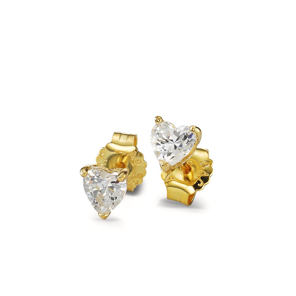 Stud earrings Silver Zirconia 2 Stones Yellow Gold plated Heart Ø6.5 mm