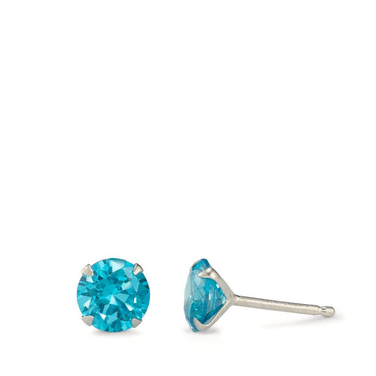 Stud earrings Silver Zirconia Aqua, 2 Stones Rhodium plated Ø7 mm