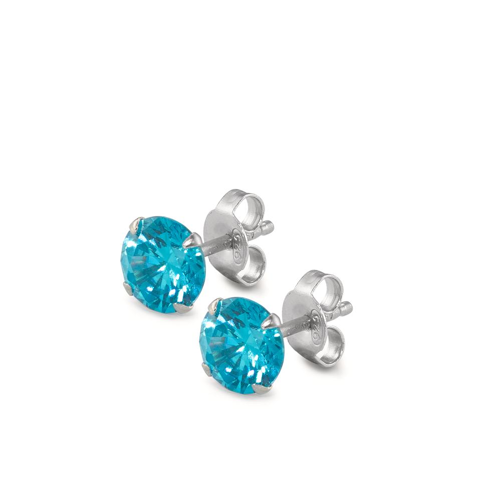 Stud earrings Silver Zirconia Aqua, 2 Stones Rhodium plated Ø7 mm