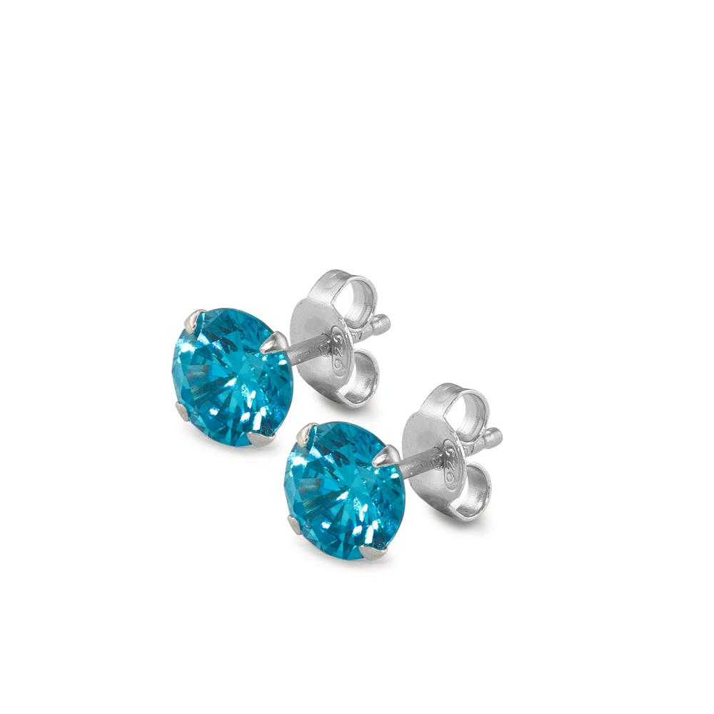 Stud earrings Silver Zirconia Aqua, 2 Stones Rhodium plated Ø7 mm