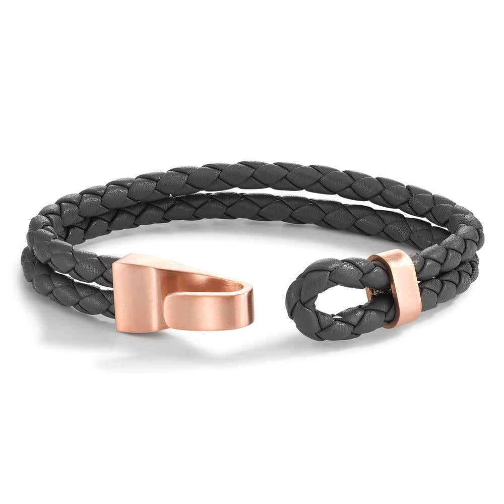 Bracelet Leather, Stainless steel Rose IP coated 23 cm