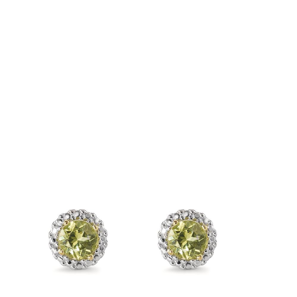 Stud earrings 9k Yellow Gold Peridot Green, 2 Stones Bicolor Ø6 mm