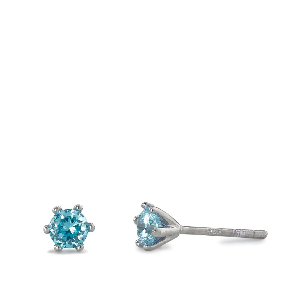 Stud earrings Silver Zirconia Aqua, 2 Stones Rhodium plated Ø4.5 mm