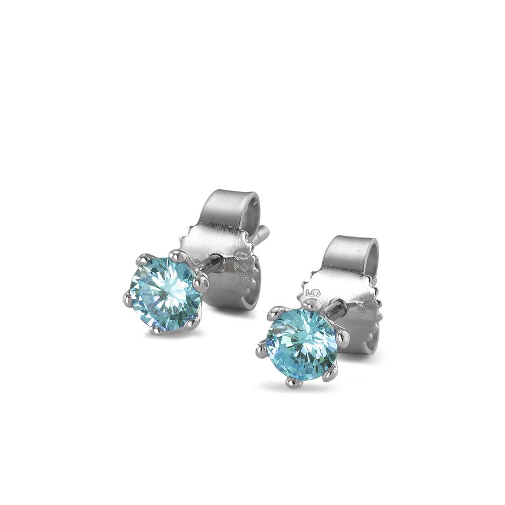 Stud earrings Silver Zirconia Aqua, 2 Stones Rhodium plated Ø4.5 mm