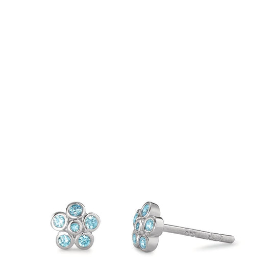 Stud earrings Silver Zirconia Aqua, 12 Stones Rhodium plated Flower Ø6 mm