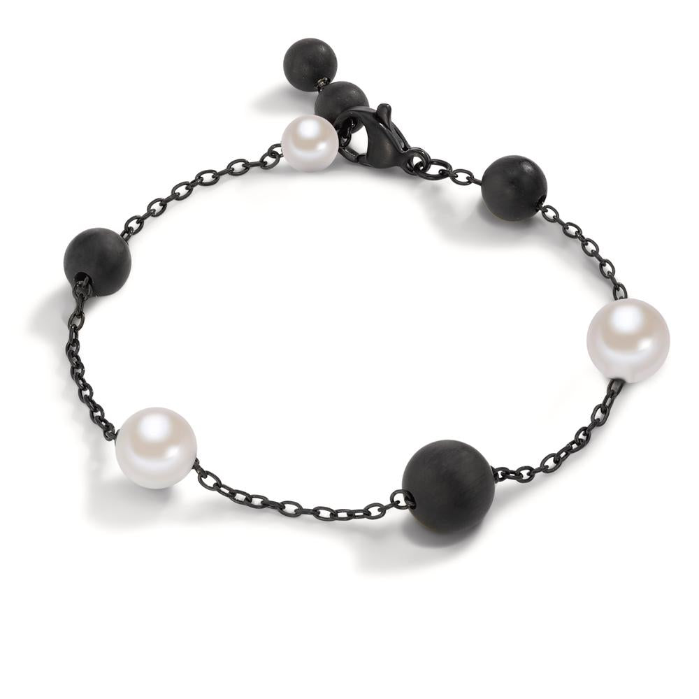 Bracelet Stainless steel, Aluminum Black IP coated Shell pearl 17-18.5 cm Ø8 mm