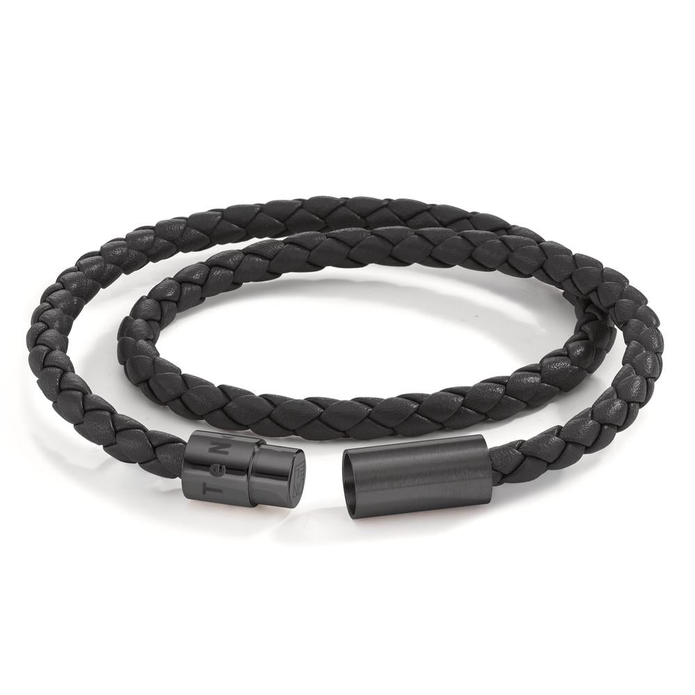 Bracelet Leather, Stainless steel Black IP coated 23 cm