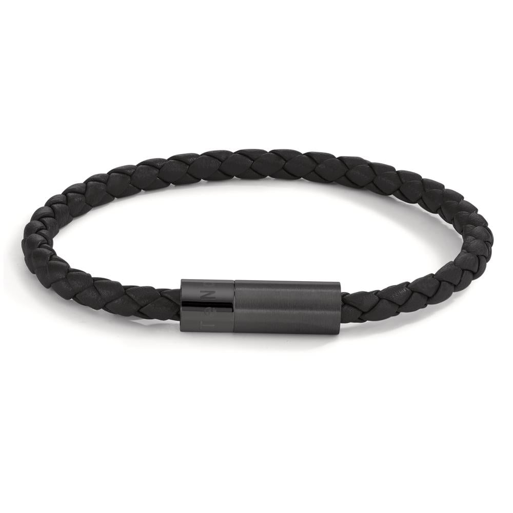 Bracelet Leather, Stainless steel Black IP coated 23 cm