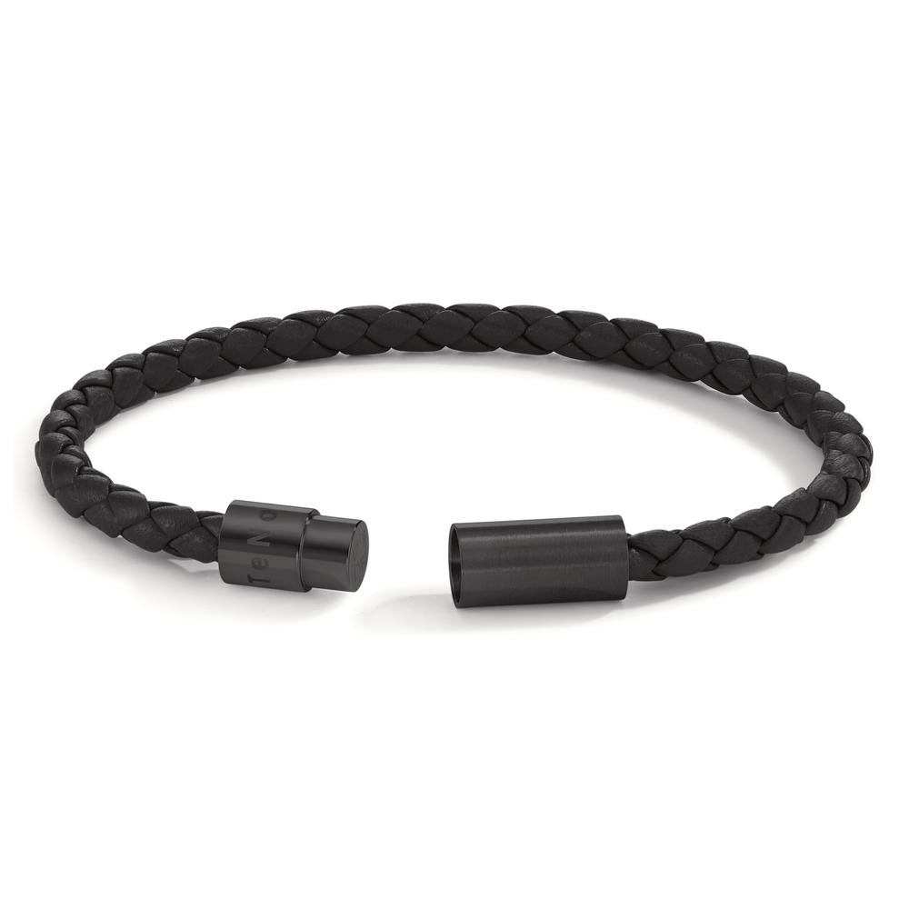 Bracelet Leather, Stainless steel Black IP coated 23 cm