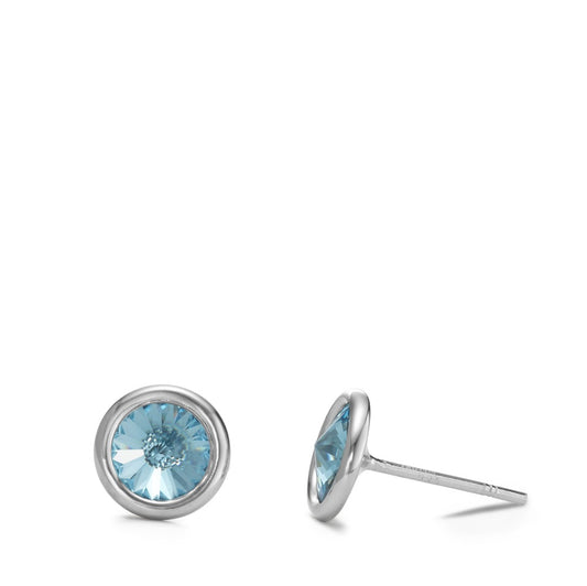 Stud earrings Silver Zirconia Aqua, 2 Stones Rhodium plated Birthstones Ø9 mm