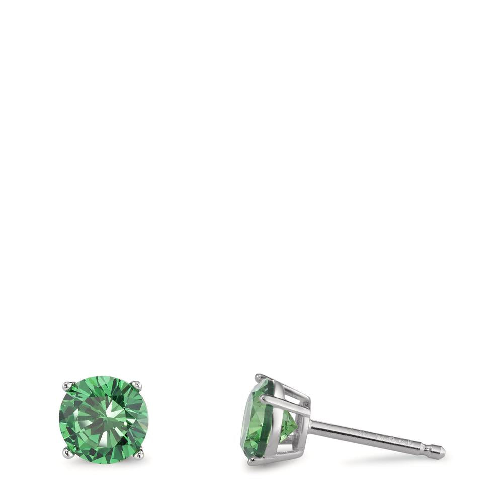 Stud earrings Silver Zirconia Green, 2 Stones Rhodium plated Ø6 mm