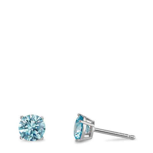 Stud earrings Silver Zirconia Aqua, 2 Stones Rhodium plated Ø6 mm