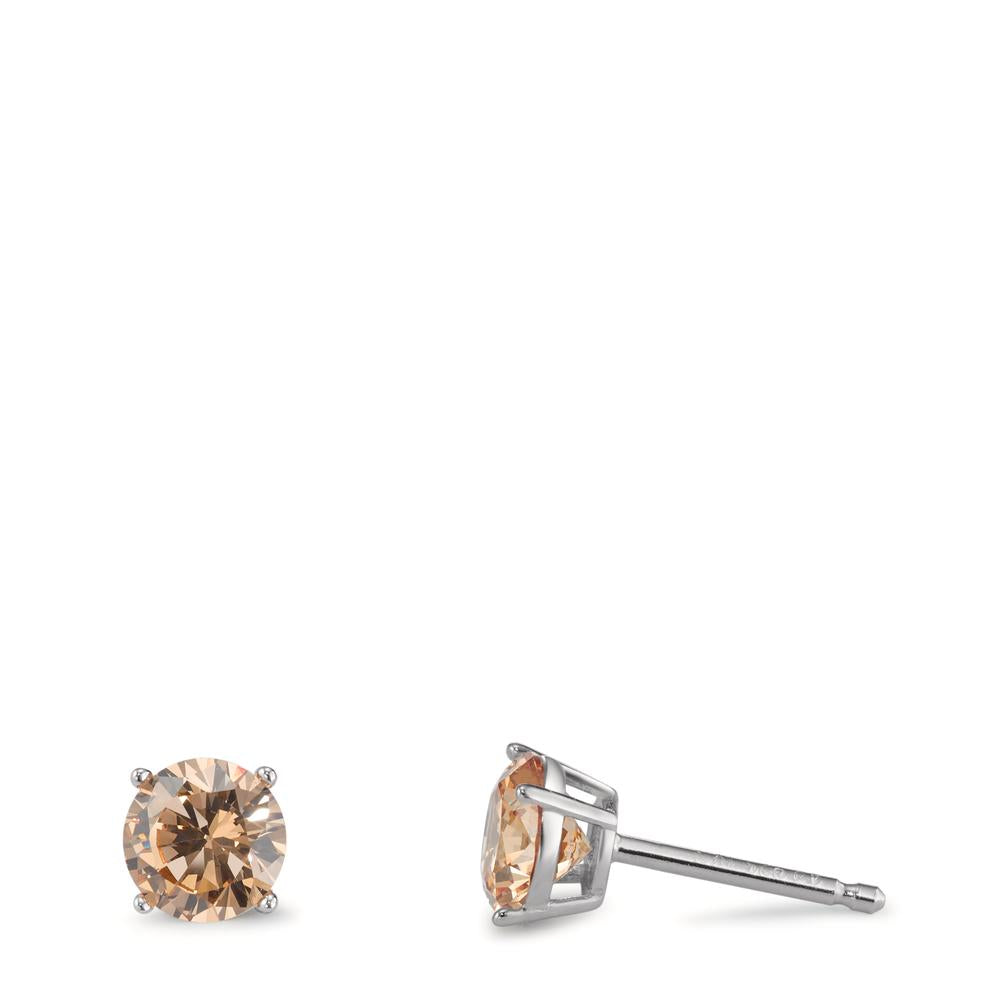 Stud earrings Silver Zirconia Apricot, 2 Stones Rhodium plated Ø6 mm